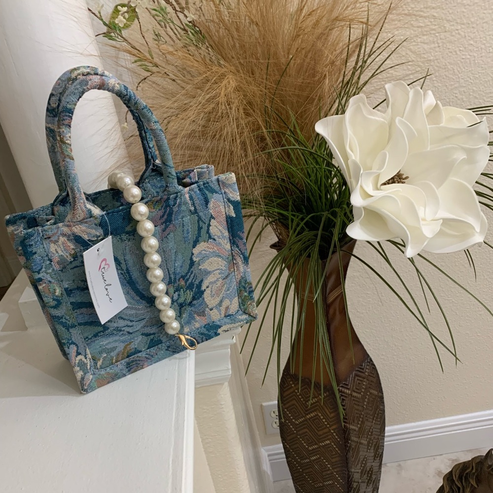 True Love Brand girl mini Floral blue handbag, small size L6.2”XW8”, strap 48”